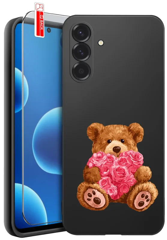Samsung Galaxy A36 / A37 5G – czarne etui z walentynkowym nadrukiem misia oraz szkło ochronne na ekran