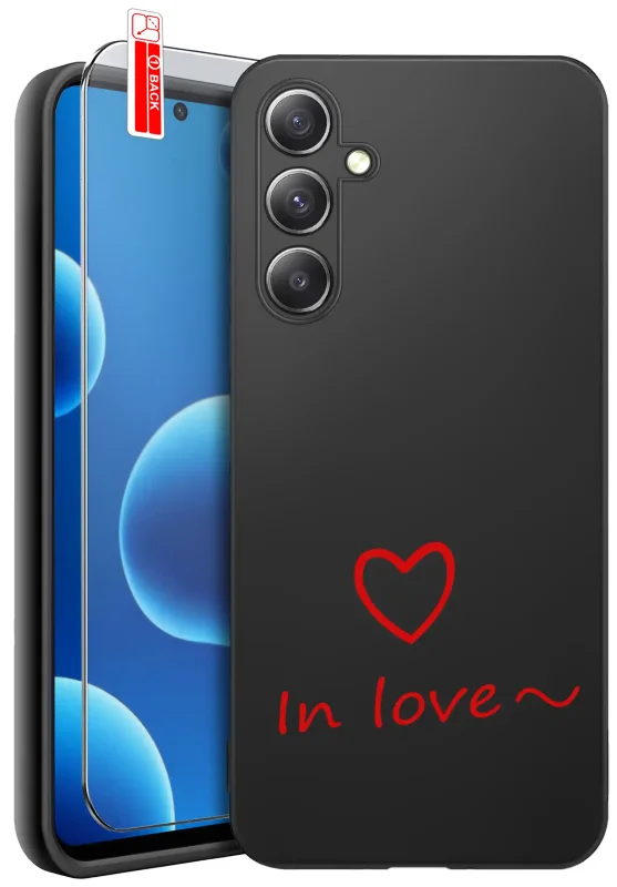 Zestaw ochronny do Samsung Galaxy M35 5G – czarne etui z walentynkowym nadrukiem oraz szkło hartowane na ekran