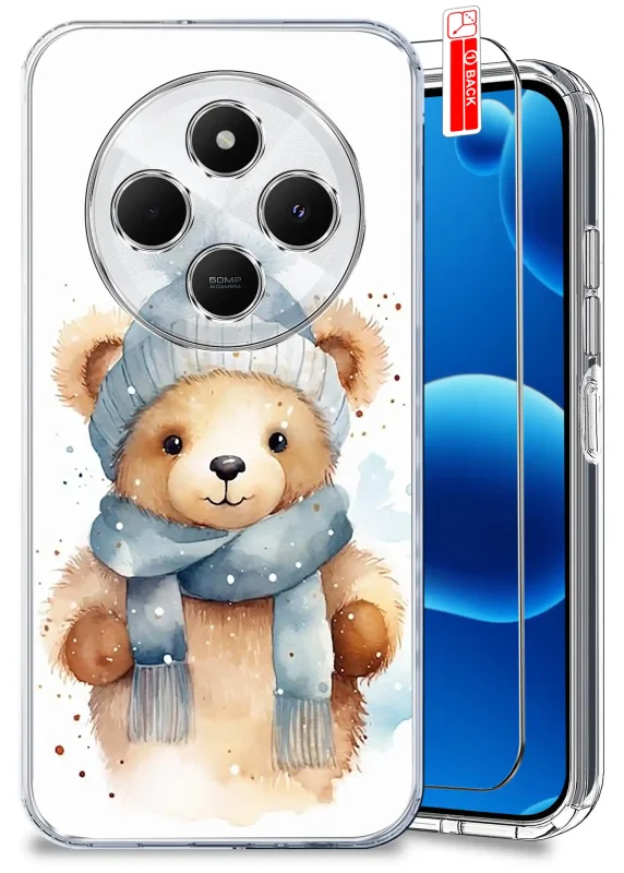 Świąteczne przezroczyste etui do Xiaomi Redmi 14C z misiem w komplecie ze szkłem ochronnym
