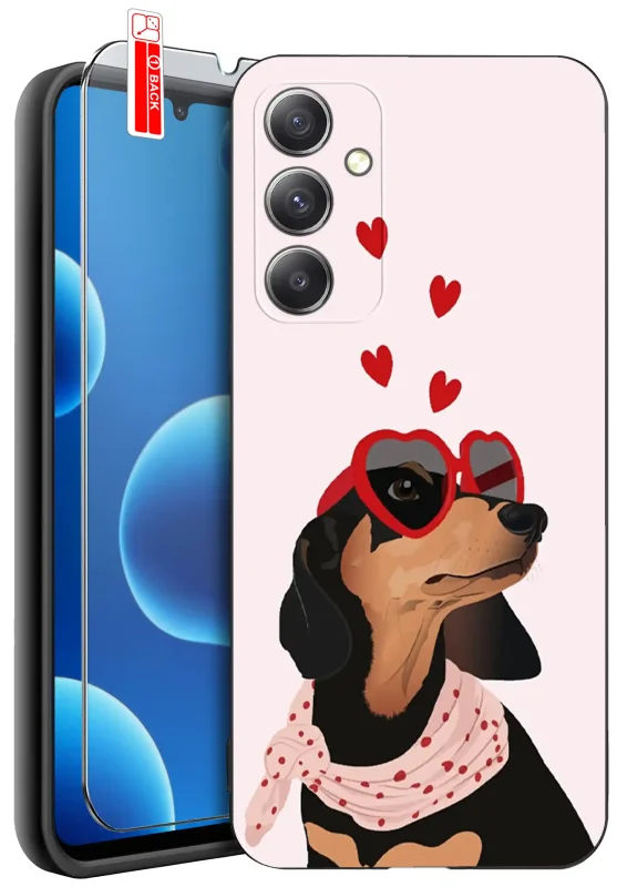 Silikonowe czarne etui do Samsung Galaxy A15 5G z psem i sercami na różowym tle oraz szkło ochronne w zestawie