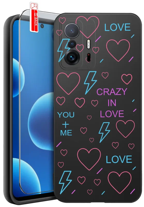 Walentynkowe etui do Xiaomi 11T / 11T Pro z nadrukiem różowych serc, niebieskich błyskawic oraz napisami LOVE, CRAZY IN LOVE i YOU + ME