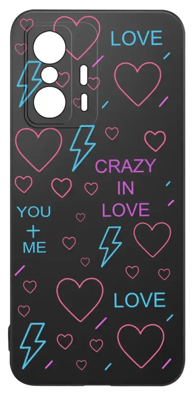 Etui Xiaomi 11T / 11T Pro z walentynkowym wzorem na czarnym tle – serca w różnych rozmiarach, błyskawice i kolorowe napisy love