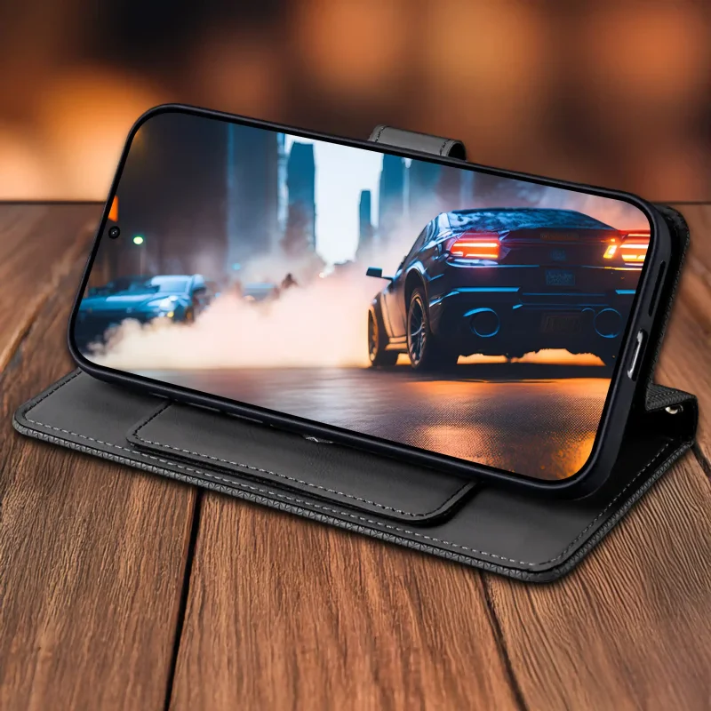 Czarne etui z klapką do Samsung Galaxy S25 FE z funkcją stojaka – telefon ustawiony poziomo do oglądania wideo