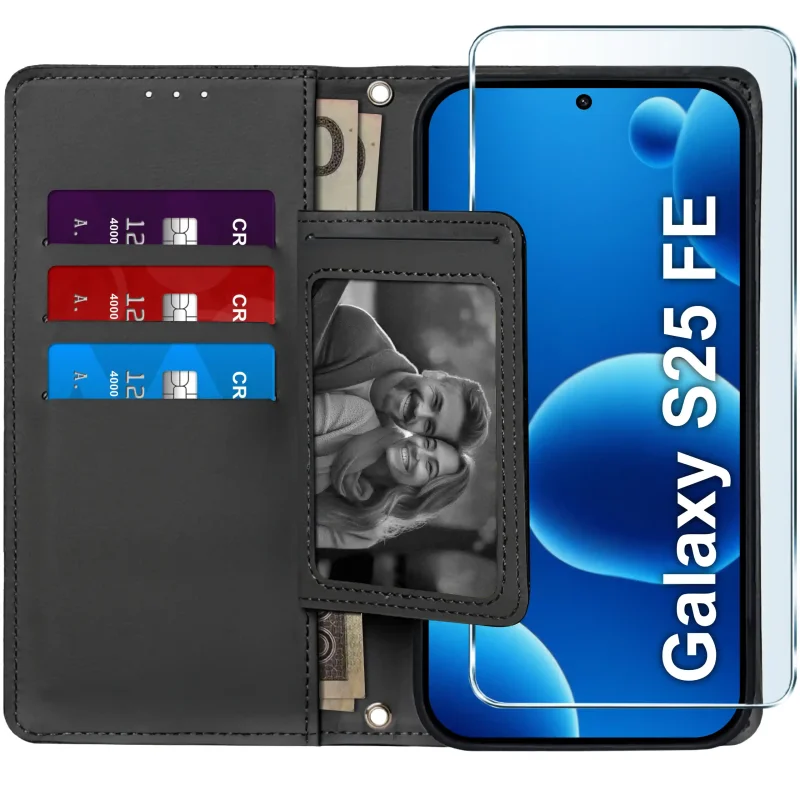 Czarne etui portfelowe do Samsung Galaxy S25 FE – wnętrze z czterema kieszonkami na karty, przegrodą na banknoty i szkłem hartowanym w zestawie