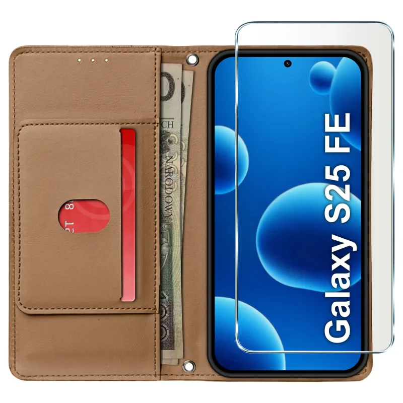 Brązowe etui portfelowe do Samsung Galaxy S25 FE ze szkłem hartowanym 9H – widok otwartego pokrowca