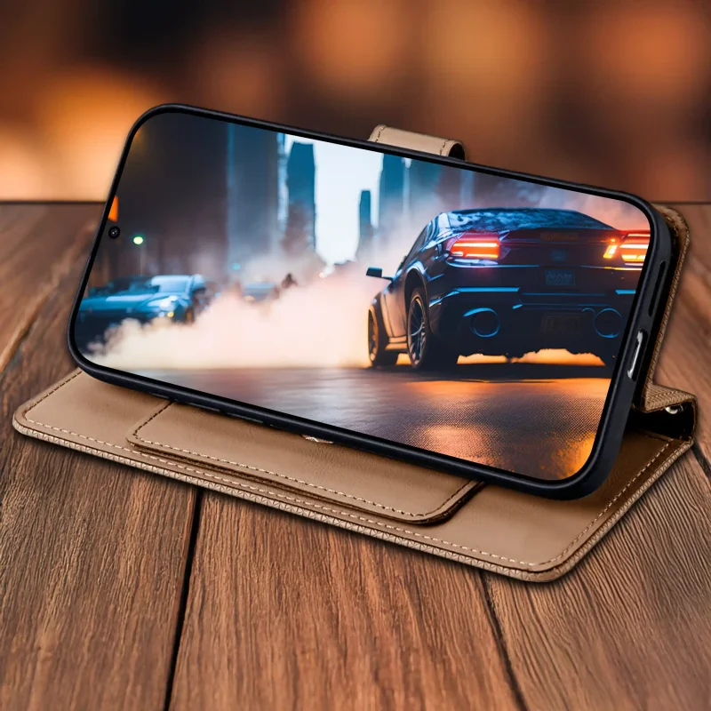 Brązowe etui z klapką do Samsung Galaxy S25 FE z funkcją stojaka – telefon ustawiony poziomo do oglądania filmu