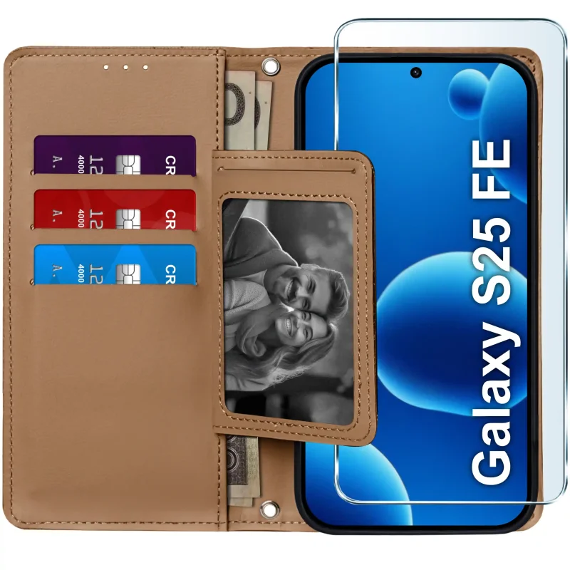 Brązowe etui portfelowe do Samsung Galaxy S25 FE – wnętrze z czterema kieszonkami na karty, przegrodą na banknoty i szkłem ochronnym w zestawie
