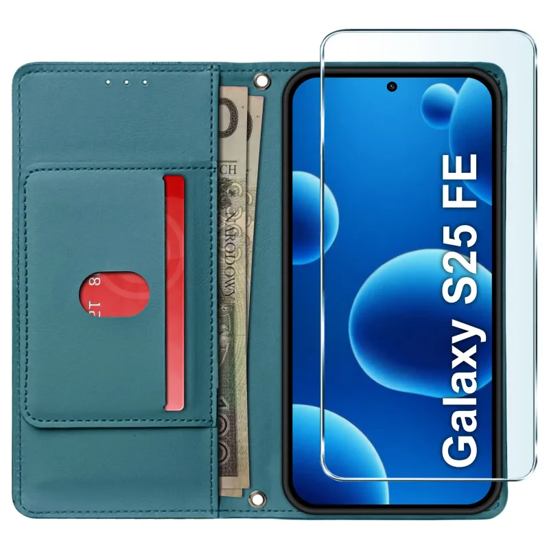 Niebieskie etui portfelowe do Samsung Galaxy S25 FE – otwarty futerał z czterema kieszonkami na karty, przegrodą na banknoty i szkłem ochronnym w zestawie