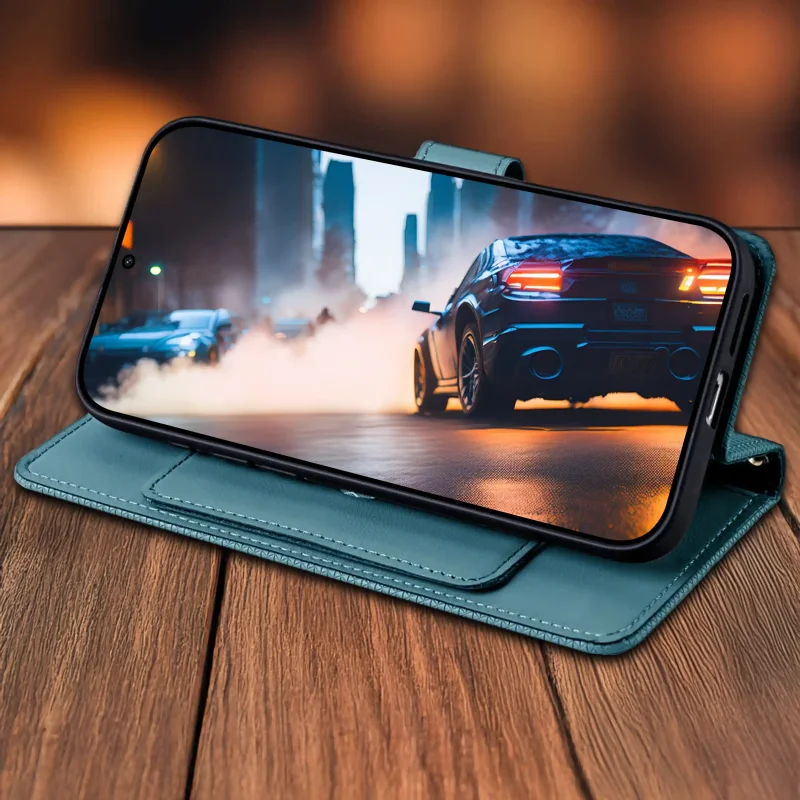 Niebieskie etui z klapką do Samsung Galaxy S25 FE z funkcją podstawki – telefon ustawiony poziomo do oglądania filmu