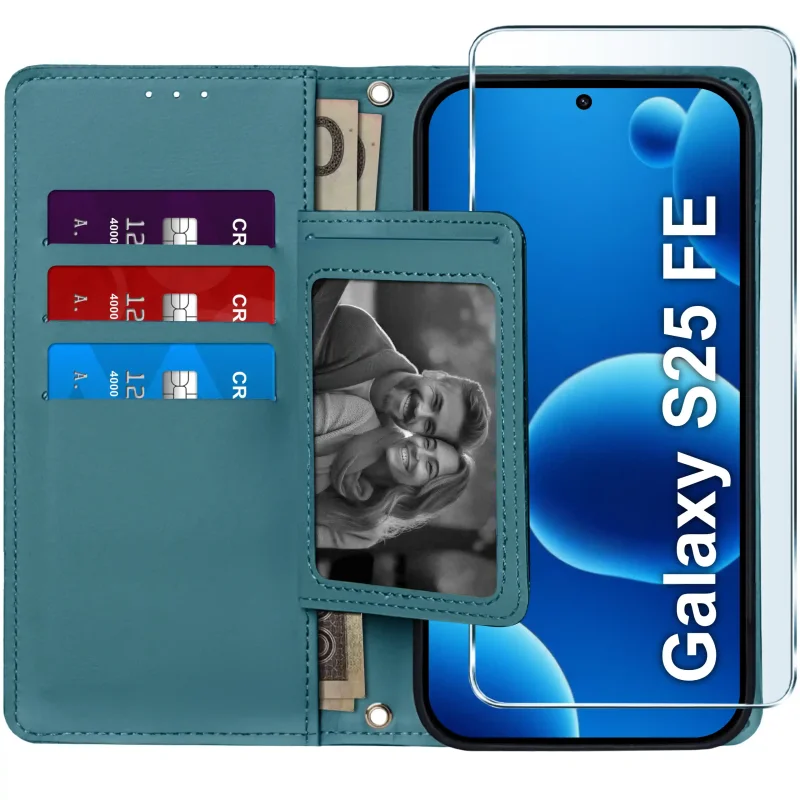 Niebieskie etui portfelowe do Samsung Galaxy S25 FE ze szkłem hartowanym 9H – widok otwartego pokrowca