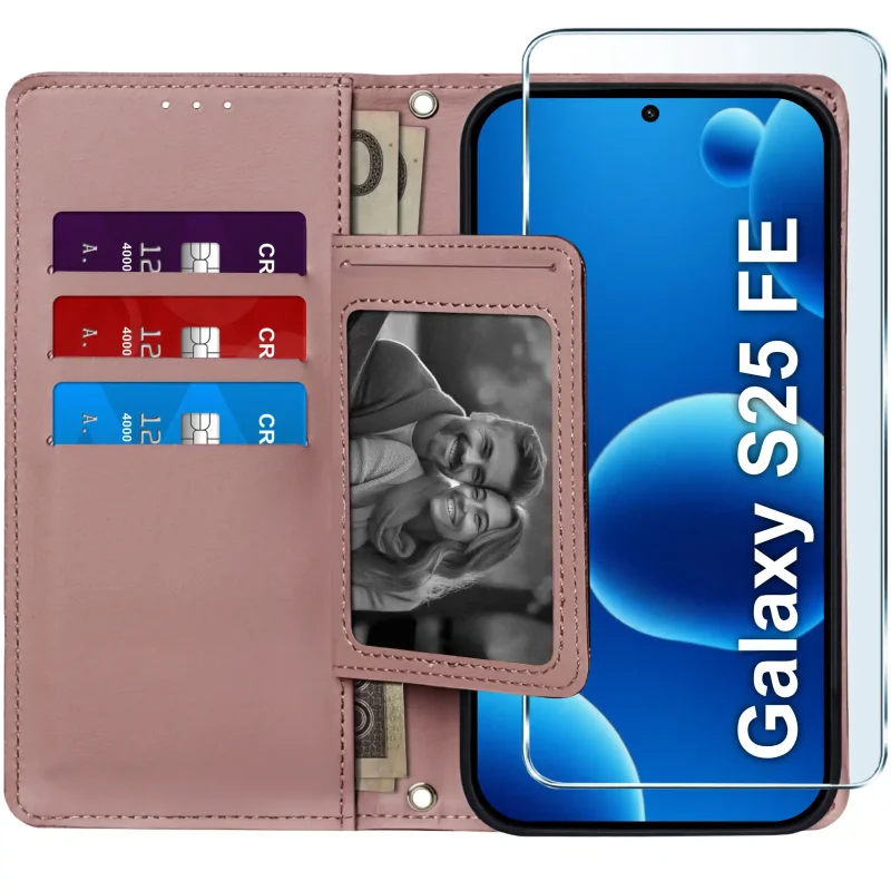 Różowe etui portfelowe do Samsung Galaxy S25 FE – otwarta kabura z czterema kieszonkami na karty, przegrodą na banknoty i szkłem hartowanym w zestawie