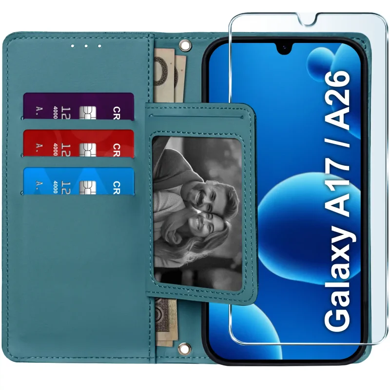 Niebieskie etui portfelowe do Samsung Galaxy A17 5G / A26 5G – wnętrze z czterema kieszonkami na karty, przegrodą na banknoty i szkłem hartowanym