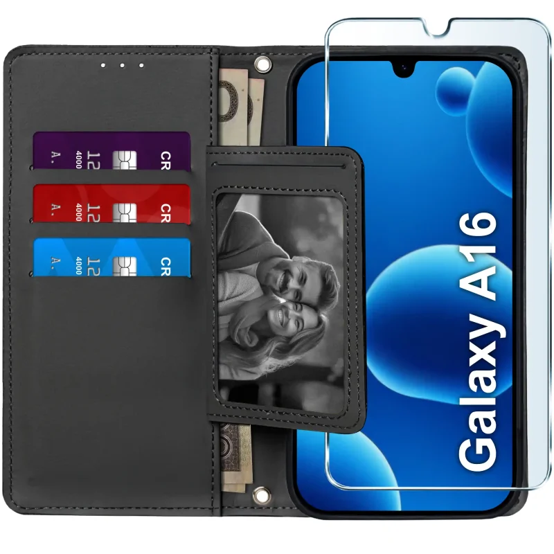 Czarne etui portfelowe do Samsung Galaxy A16 5G – wnętrze z czterema kieszonkami na karty, przegrodą na banknoty i szkłem hartowanym