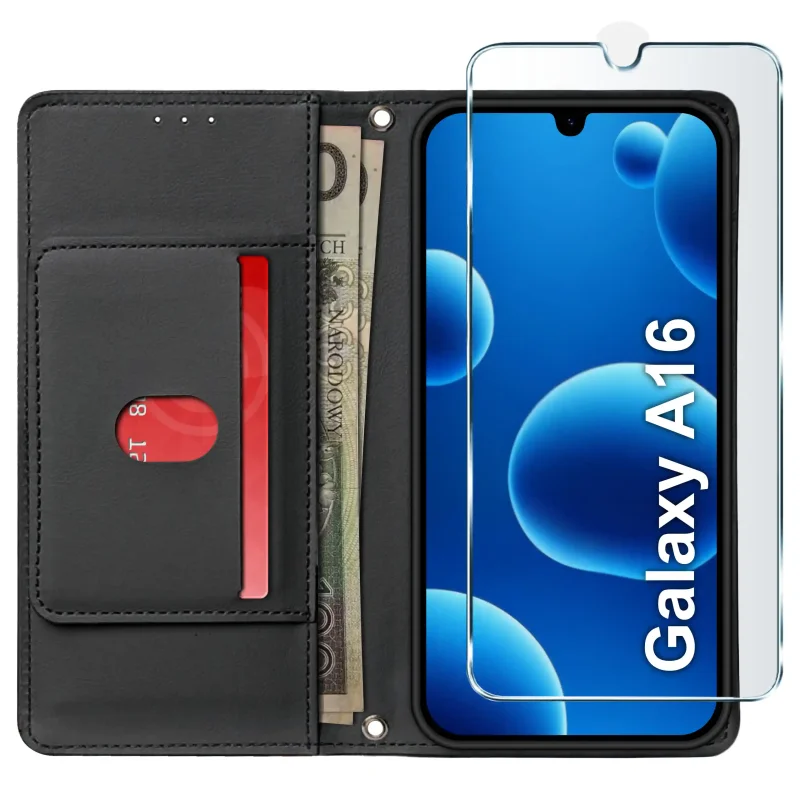 Czarne etui portfelowe do Samsung Galaxy A16 5G ze szkłem ochronnym – widok otwartego pokrowca