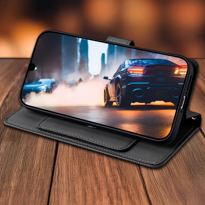 Czarne etui z klapką do Samsung Galaxy A16 5G z funkcją stojaka – telefon w pozycji poziomej