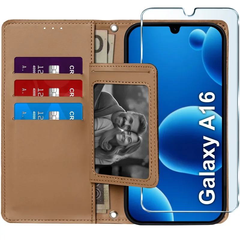 Brązowe etui portfelowe do Samsung Galaxy A16 5G – wnętrze z czterema kieszonkami na karty, przegrodą na banknoty i szkłem hartowanym