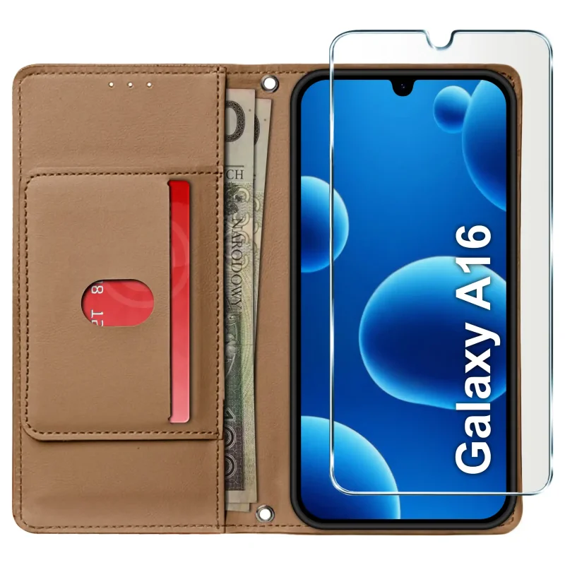 Brązowe etui portfelowe do Samsung Galaxy A16 5G ze szkłem ochronnym – widok otwartego pokrowca