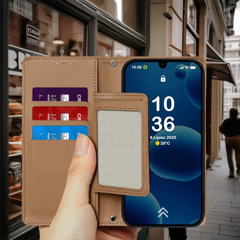 Brązowe etui z klapką do Samsung Galaxy A16 5G trzymane w dłoni – widok otwartego pokrowca z kieszonkami