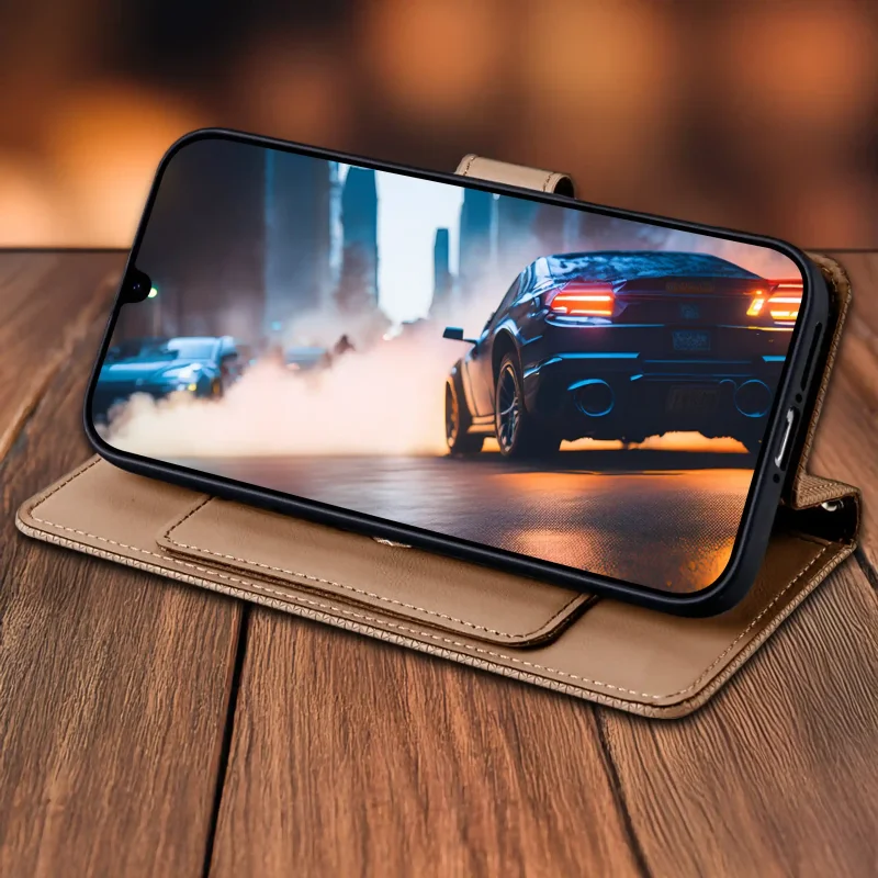 Brązowe etui z klapką do Samsung Galaxy A16 5G z funkcją stojaka – telefon w pozycji poziomej