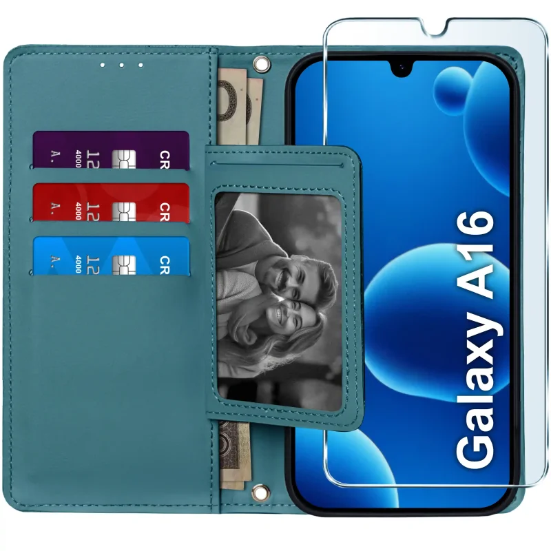 Niebieskie etui portfelowe do Samsung Galaxy A16 5G – wnętrze z czterema kieszonkami na karty, przegrodą na banknoty i szkłem hartowanym
