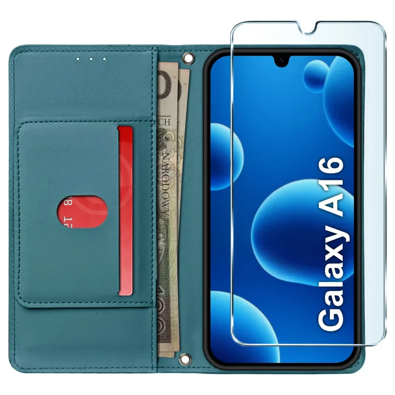 Niebieskie etui portfelowe do Samsung Galaxy A16 5G ze szkłem ochronnym – widok otwartego pokrowca