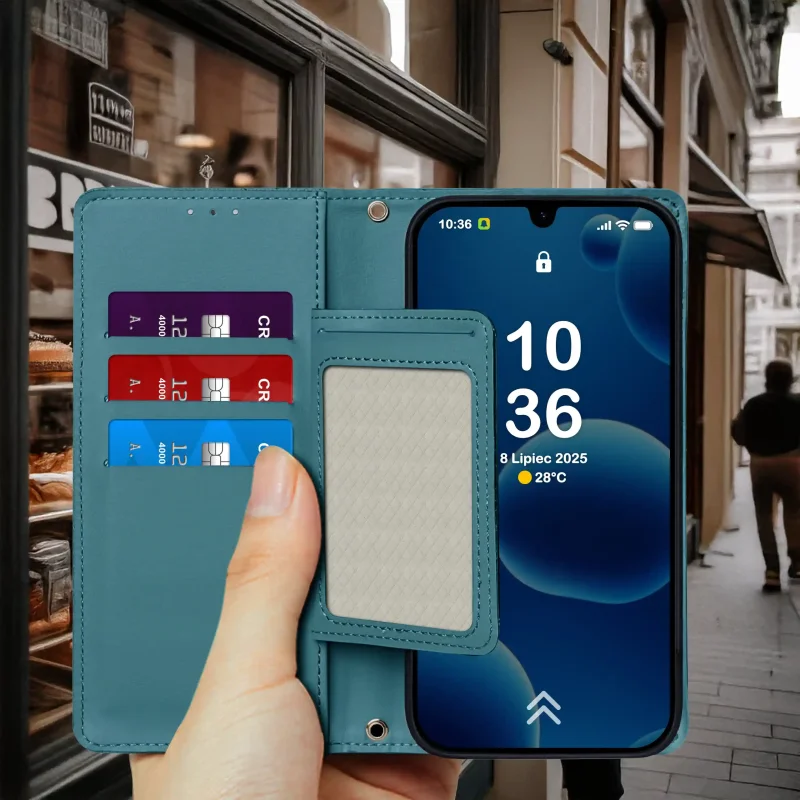 Niebieskie etui z klapką do Samsung Galaxy A16 5G trzymane w dłoni – widok otwartego pokrowca z kieszonkami