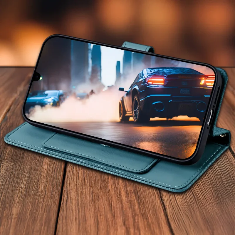 Niebieskie etui z klapką do Samsung Galaxy A16 5G z funkcją stojaka – telefon w pozycji poziomej