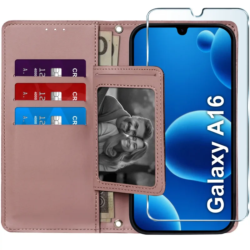 Różowe etui portfelowe do Samsung Galaxy A16 5G – wnętrze z czterema kieszonkami na karty, przegrodą na banknoty i szkłem hartowanym