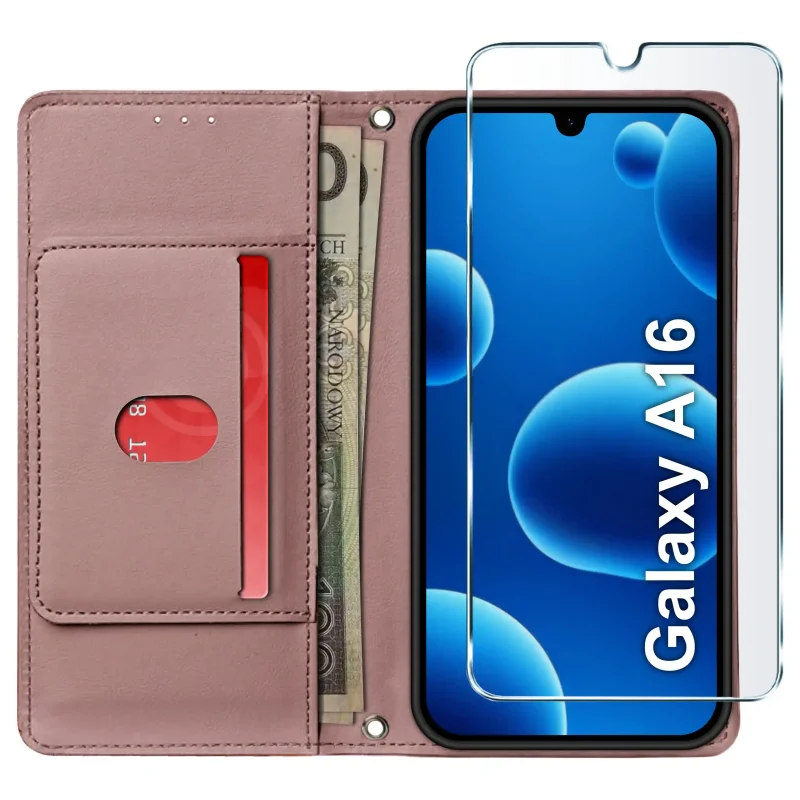 Różowe etui portfelowe do Samsung Galaxy A16 5G ze szkłem ochronnym – widok otwartego pokrowca