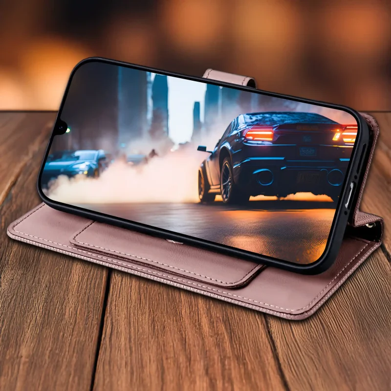 Różowe etui z klapką do Samsung Galaxy A16 5G z funkcją stojaka – telefon w pozycji poziomej
