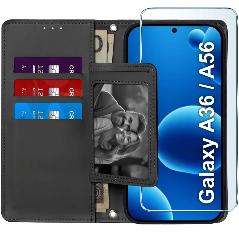 Czarne etui portfelowe do Samsung Galaxy A36 5G / A56 5G – wnętrze z czterema kieszonkami na karty, przegrodą na banknoty i szkłem hartowanym w zestawie