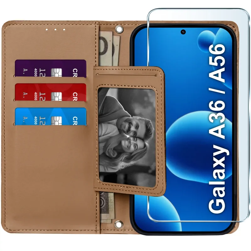 Brązowe etui portfelowe do Samsung Galaxy A36 5G / A37 5G / A56 5G – wnętrze z czterema kieszonkami na karty, przegrodą na banknoty i szkłem hartowanym w zestawie