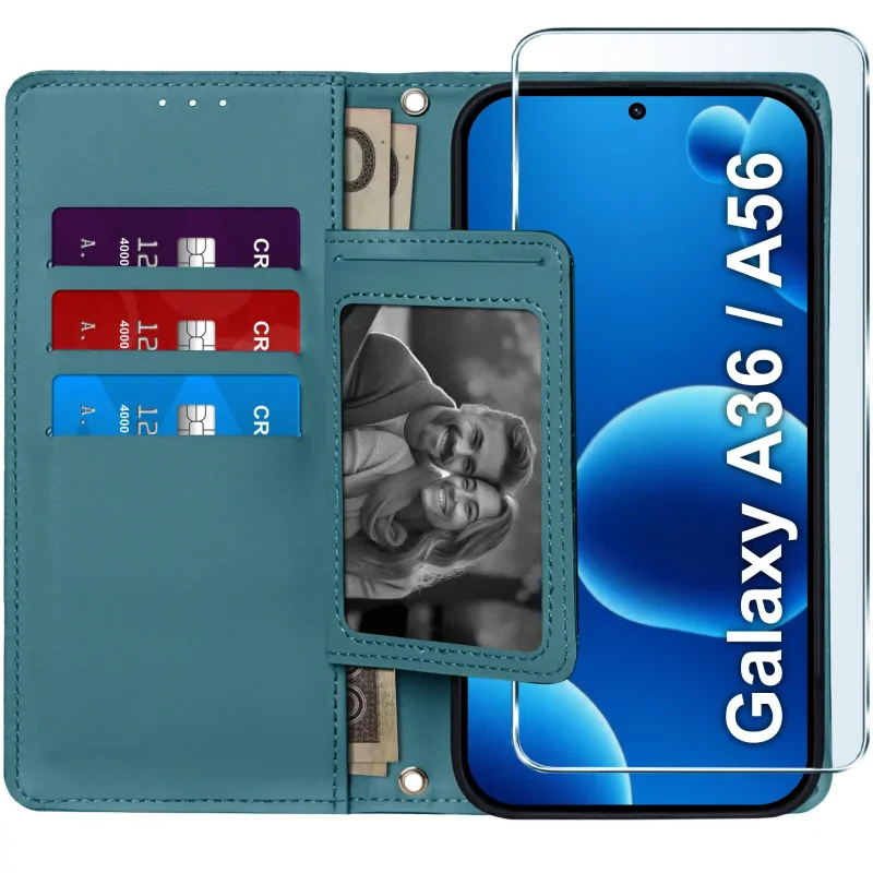Niebieskie etui portfelowe do Samsung Galaxy A36 5G / A37 5G / A56 5G – wnętrze z czterema kieszonkami na karty, przegrodą na banknoty i szkłem hartowanym w zestawie