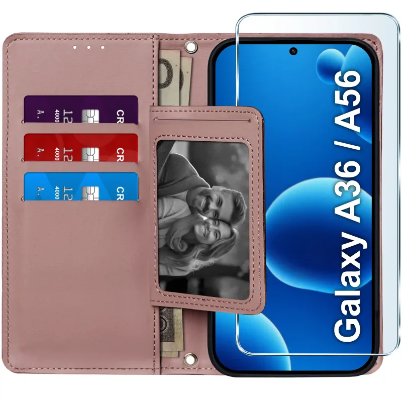 Różowe etui portfelowe do Samsung Galaxy A36 5G /  A56 5G – wnętrze z czterema kieszonkami na karty, przegrodą na banknoty i szkłem hartowanym w zestawie