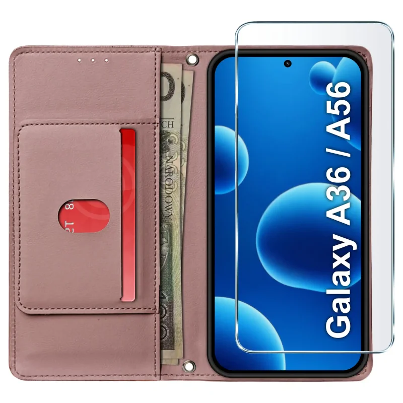 Różowe etui z klapką do Samsung Galaxy A36 5G / A56 5G z funkcją stojaka – telefon ustawiony poziomo do oglądania wideo