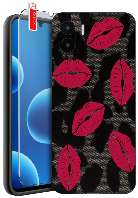 Etui do Xiaomi Redmi A1 / A2 z walentynkowym wzorem - czerwone usta na tle czarnej panterki