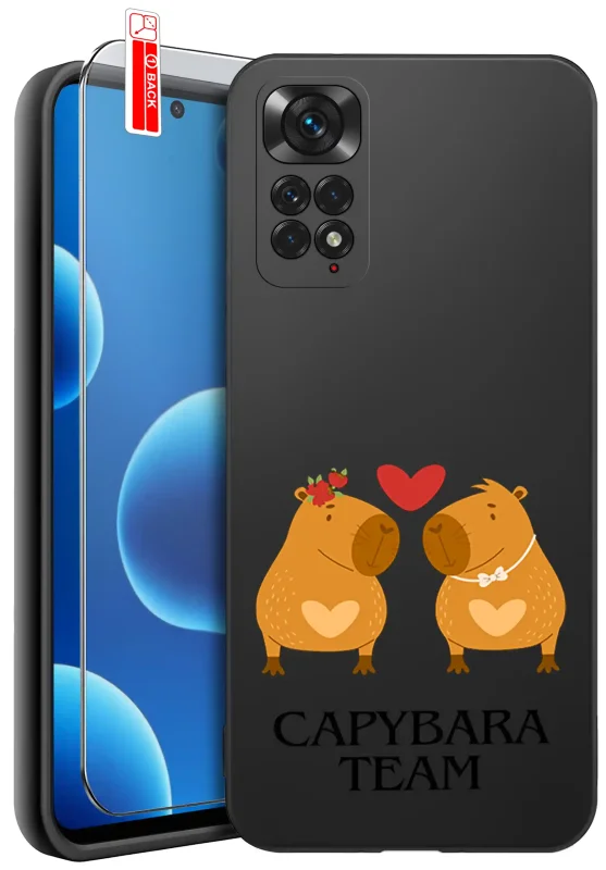 Etui do Xiaomi Redmi Note 11 / 11s z walentynkowym wzorem - dwie kapibary z sercem i napis capibara team