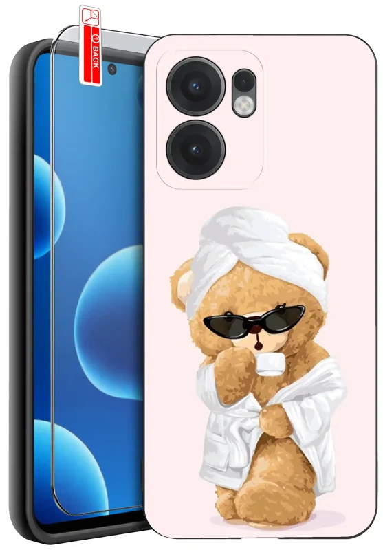 Etui do Oppo Reno 13 FS 5G / 13 F 5G z walentynkowym wzorem - miś w szlafroku na różowym tle