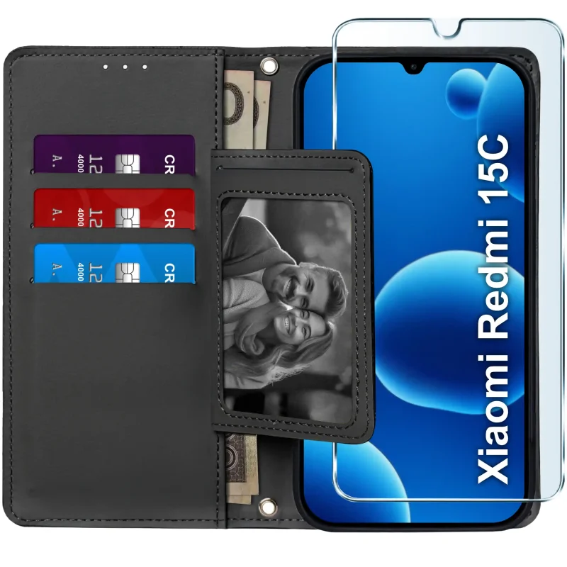 Czarne etui portfelowe do Xiaomi Redmi 15C – wnętrze z czterema kieszonkami na karty, przegrodą na banknoty i szkłem hartowanym w zestawie