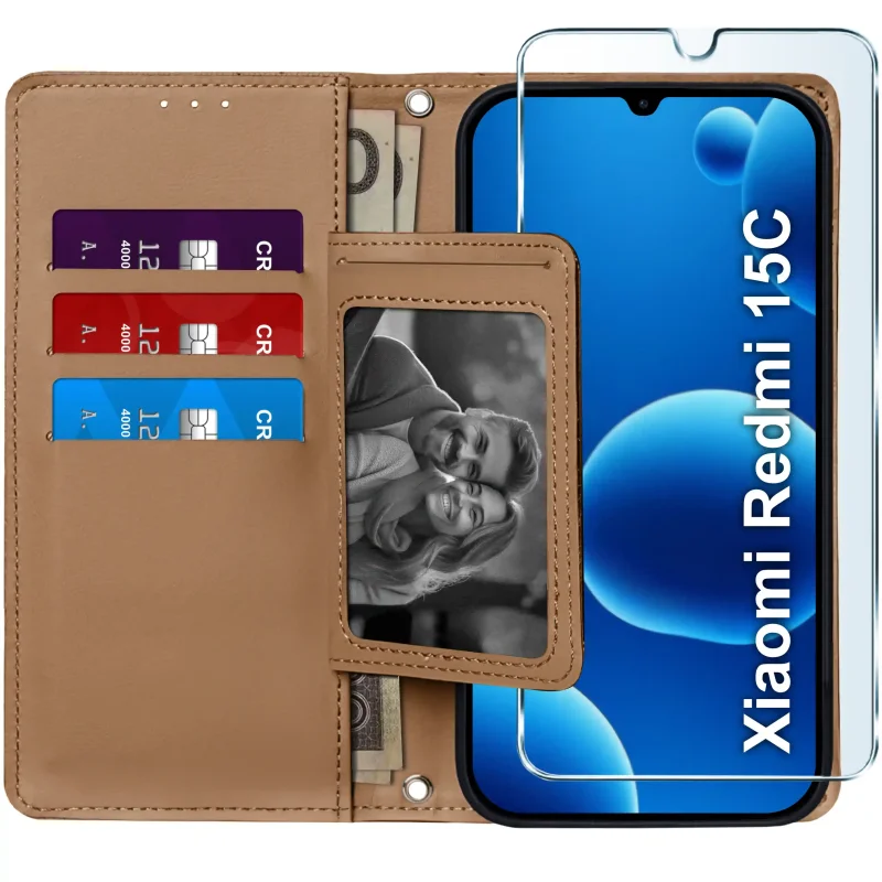 Brązowe etui portfelowe do Xiaomi Redmi 15C – wnętrze z czterema kieszonkami na karty, przegrodą na banknoty i szkłem hartowanym w zestawie