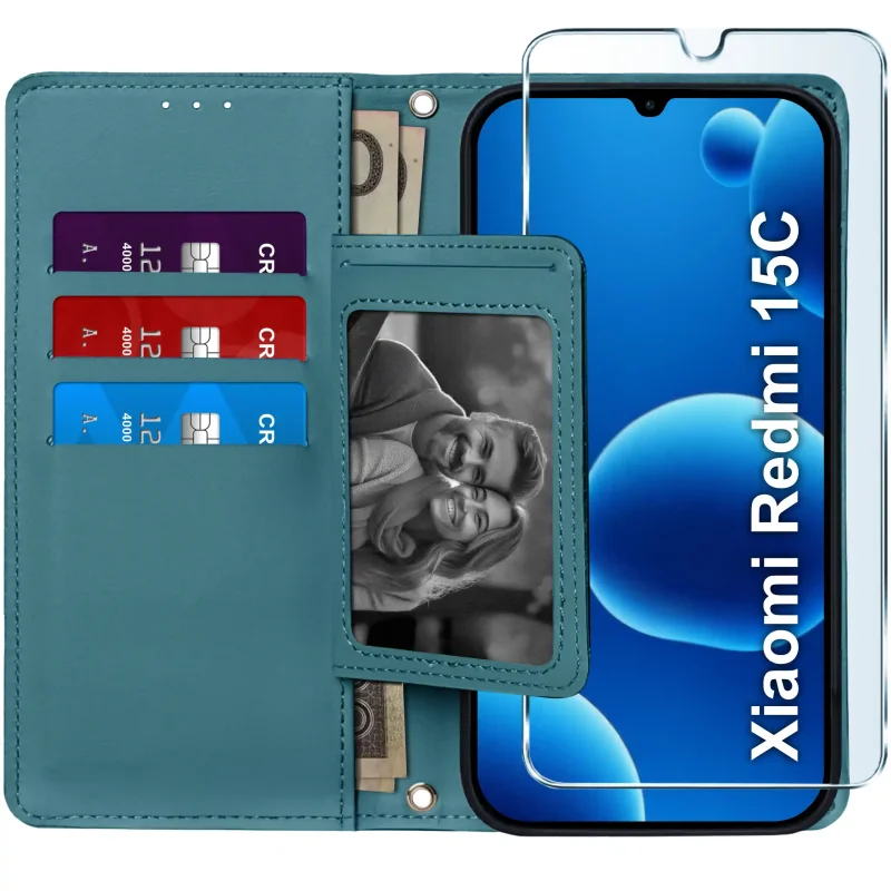 Niebieskie etui portfelowe do Xiaomi Redmi 15C – wnętrze z czterema kieszonkami na karty, przegrodą na banknoty i szkłem hartowanym w zestawie