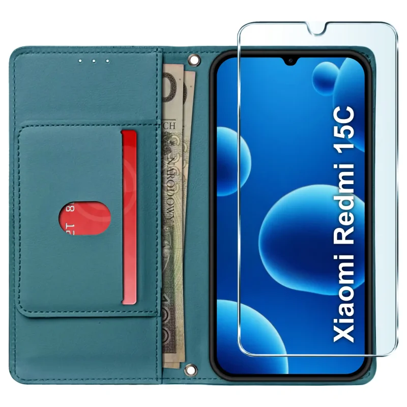 Niebieskie etui portfelowe do Xiaomi Redmi 15C ze szkłem hartowanym 9H – widok otwartego etui
