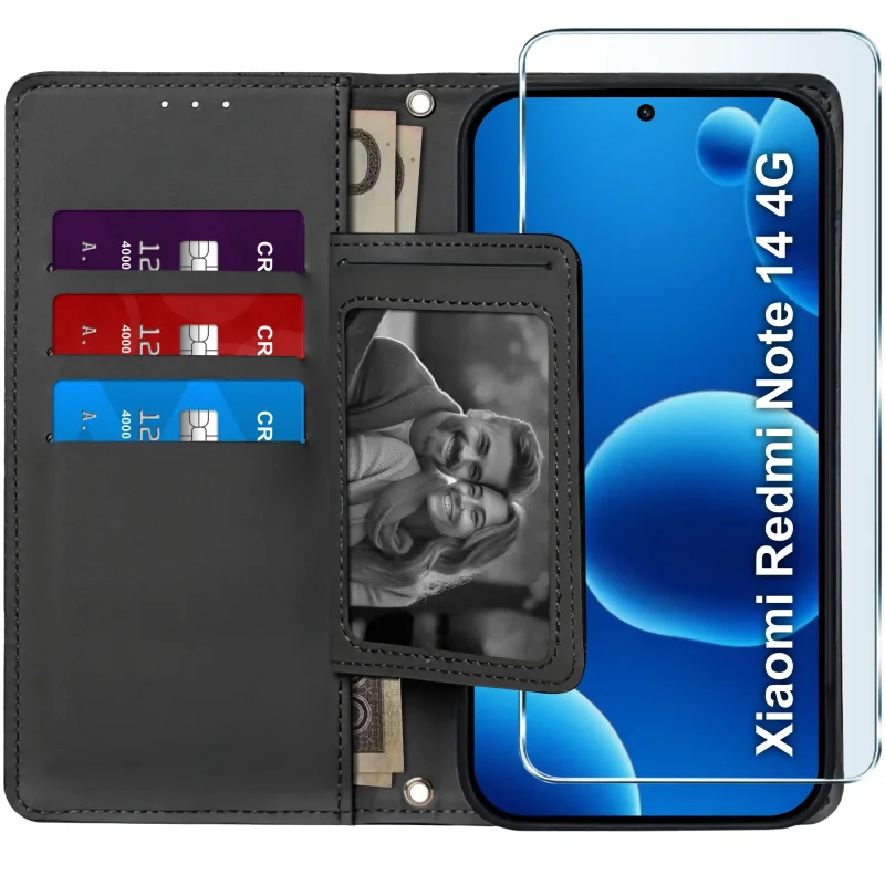 Czarne etui portfelowe do Xiaomi Redmi Note 14 4G – wnętrze z czterema kieszonkami na karty, przegrodą na banknoty i szkłem hartowanym w zestawie