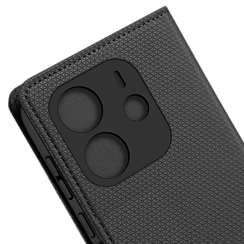 Etui zamykane do Samsung Galaxy Xiaomi Redmi Note 14 4G czarne – precyzyjne wycięcia na aparaty i przyciski boczne smartfona