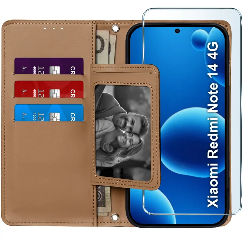 Brązowe etui portfelowe do Xiaomi Redmi Note 14 4G – wnętrze z czterema kieszonkami na karty, przegrodą na banknoty i szkłem hartowanym w zestawie