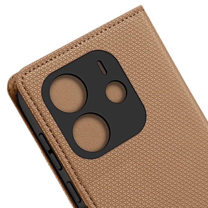 Etui zamykane do Samsung Galaxy Xiaomi Redmi Note 14 4G brązowe – precyzyjne wycięcia na aparaty i przyciski boczne smartfona