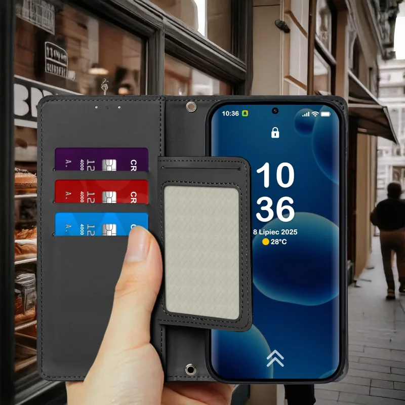 Czarne etui z klapką do Xiaomi Redmi Note 14 Pro+ Plus 5G trzymane w dłoni – widok otwartego etui z kieszonkami