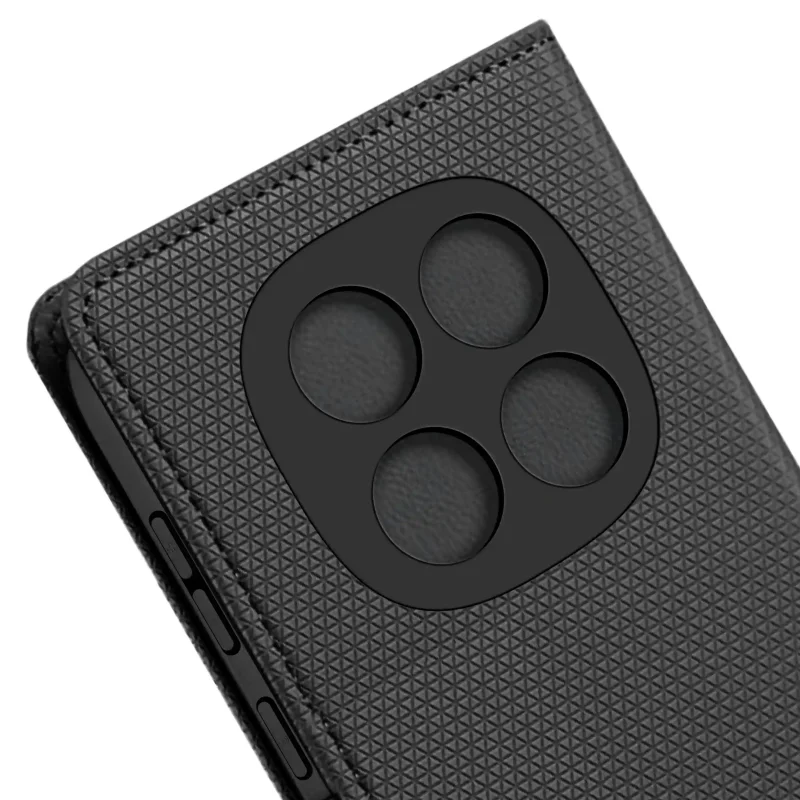 Etui zamykane do Samsung Galaxy Xiaomi Redmi Note 14 Pro+ Plus 5G czarne – precyzyjne wycięcia na aparaty i przyciski boczne smartfona