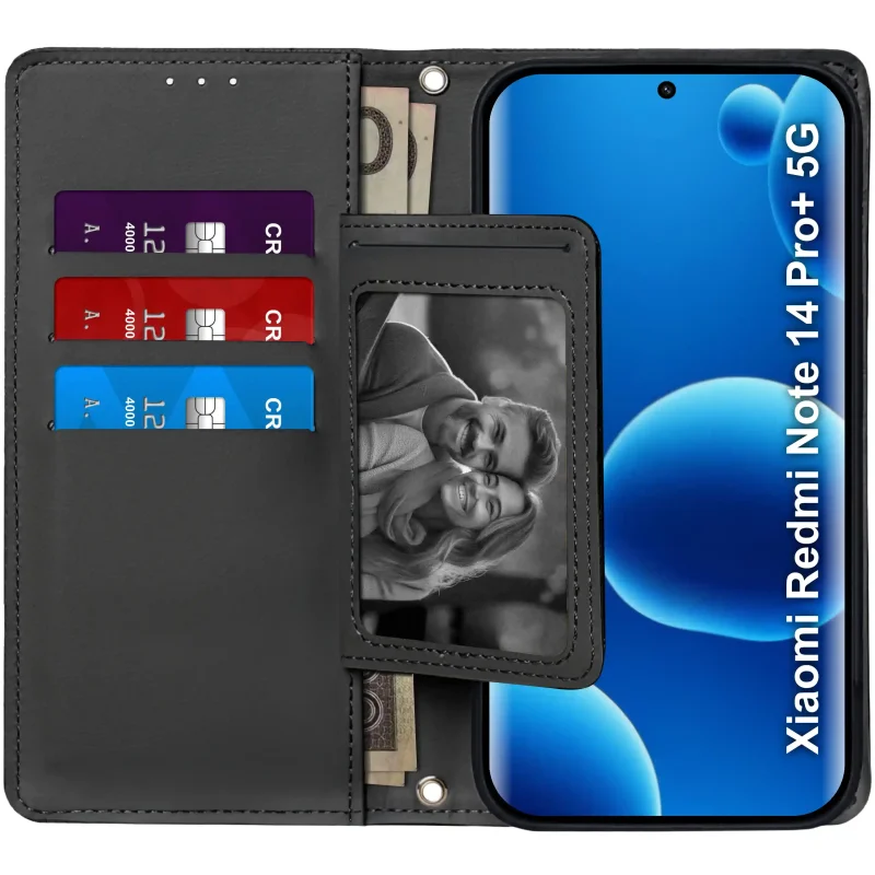 Czarne etui portfelowe do Xiaomi Redmi Note 14 Pro+ Plus 5G – wnętrze z czterema kieszonkami na karty i przegrodą na banknoty