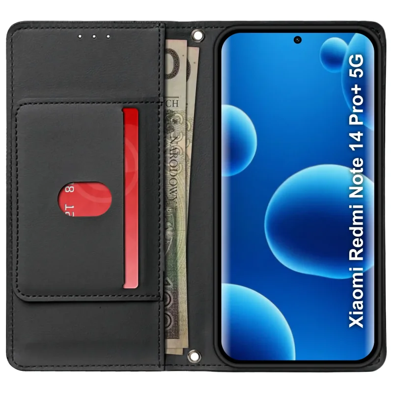 Czarne etui portfelowe do Xiaomi Redmi Note 14 Pro+ Plus 5G – widok otwartego etui